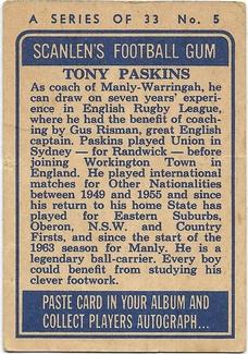 1964 Scanlens NRL #5 Tony Paskins Back